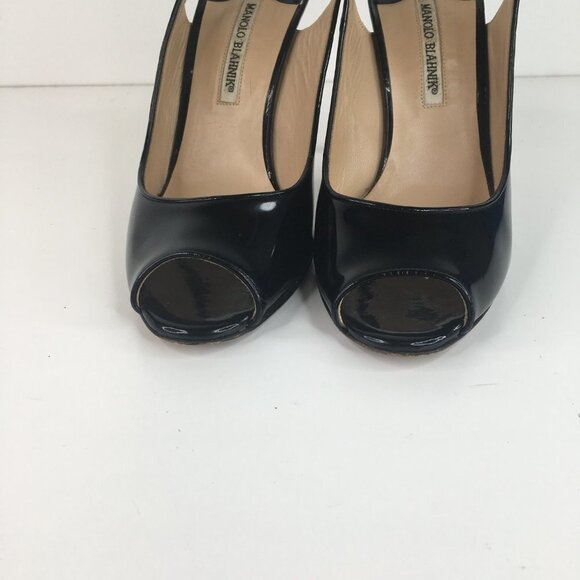 Manolo Blahnik Patent Leather Peep Toe Slingback Black Pumps Size 40.5 - Picture 5 of 9